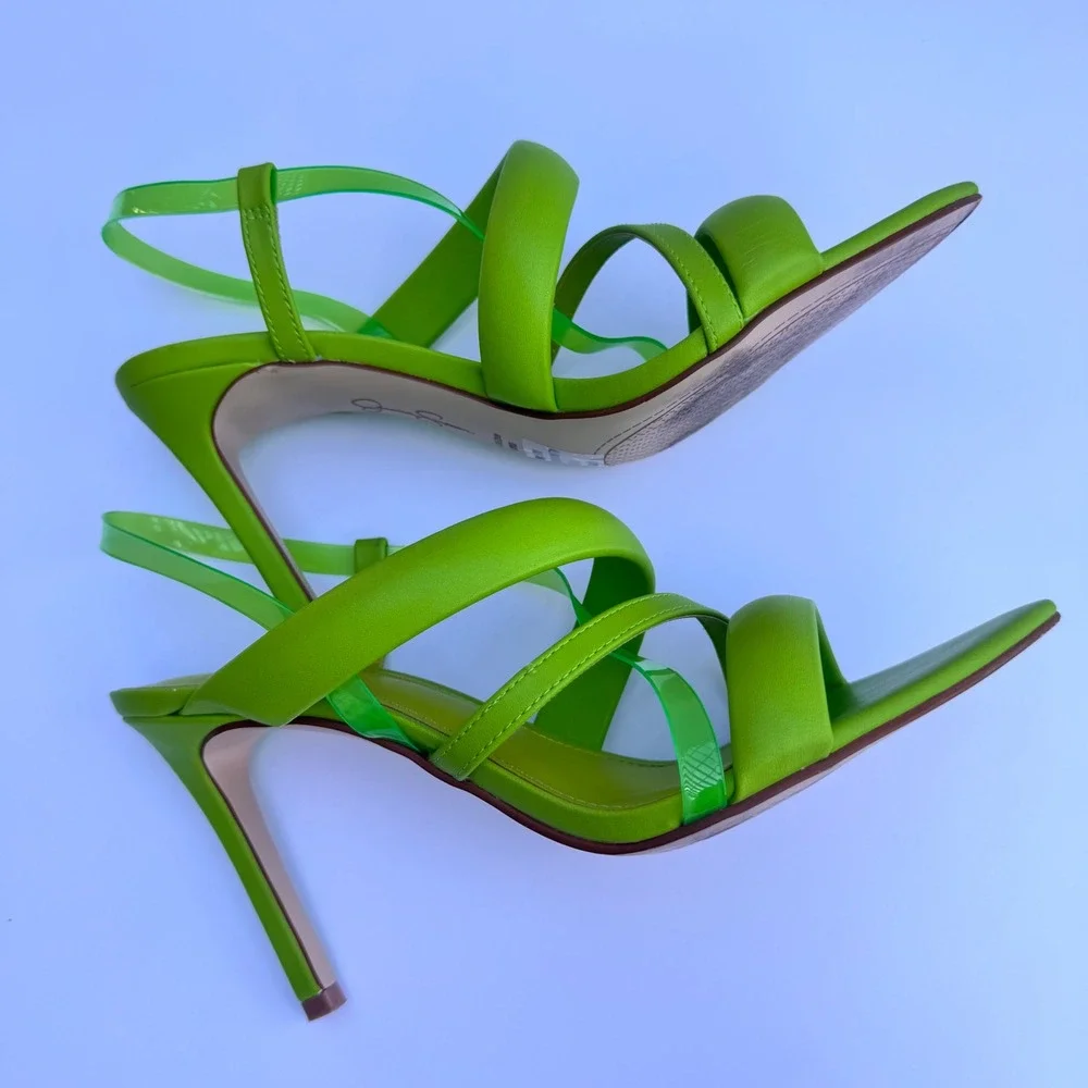 Jessica Simpson Krissta Green Transparent Asymmetrical Stiletto Slip On Size 8.5